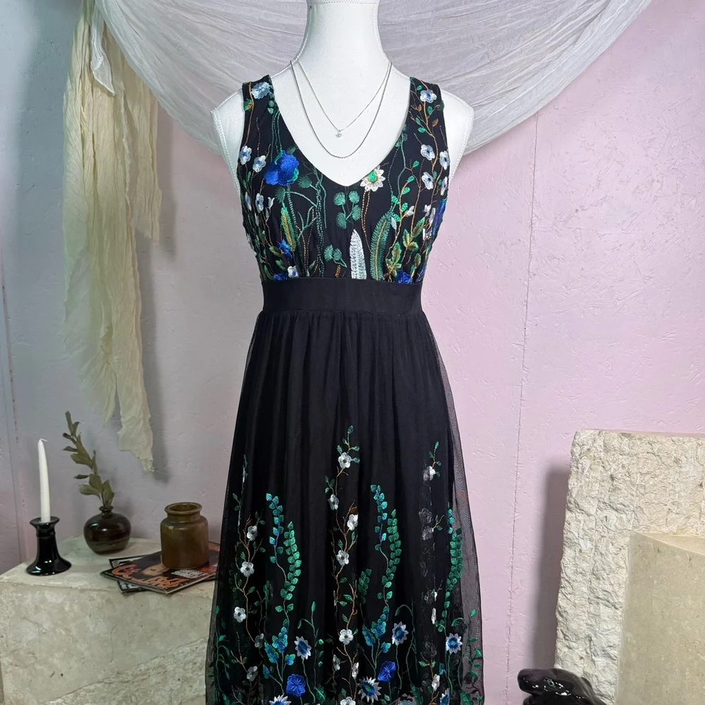 INC Black Embroidered Floral Mesh Midi Dress - Picture 2 of 7